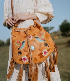 Multi Tassel Drawstring Bag With Bird Handtooling Leather